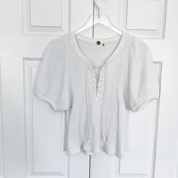 Free People One Hayden Thermal Waffle Knit Puff Sleeve Top in White - Picture 1 of 7